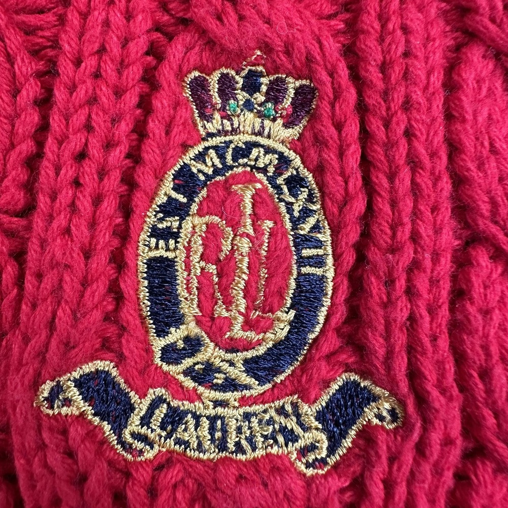 Lauren Ralph Lauren Sweater Womens Medium Red Cable Knit Cotton Crest Old Money - Picture 3 of 13